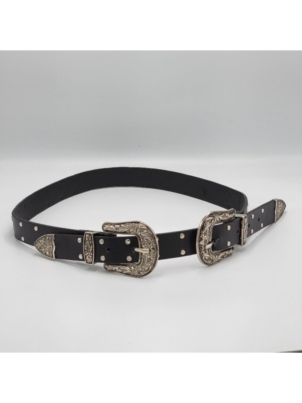 Western-Style Black Leather Belt With Dual Ornate Silver Buckles & Stud Details